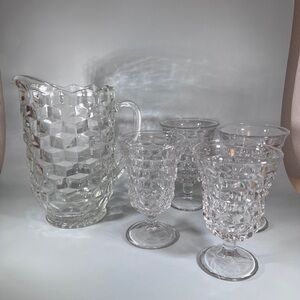 Vintage Fostoria Water Pitcher Footed Goblets. Cubist Pattern. Clear Glass.
